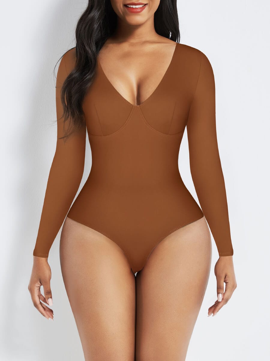 Wholesale V-Neck Long Sleeve Thong Waist Control Bodysuit