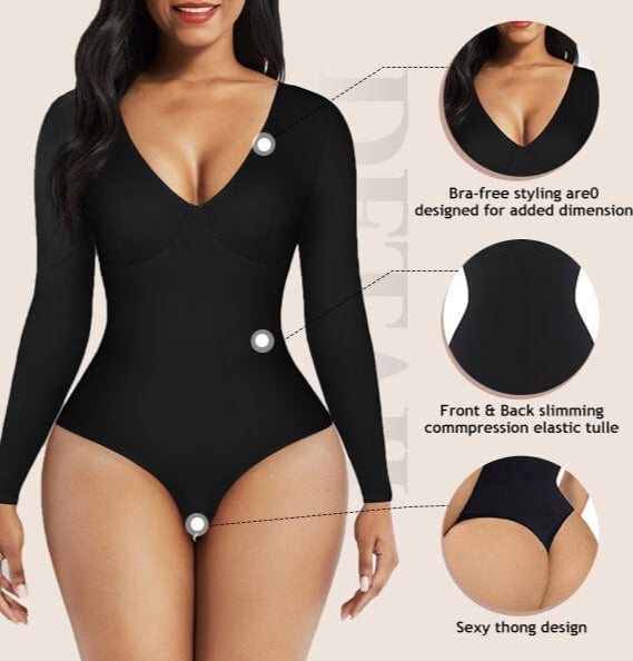 Wholesale V-Neck Long Sleeve Thong Waist Control Bodysuit