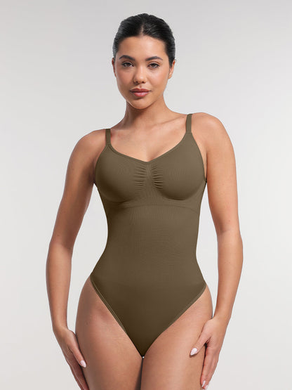 Seamless Bra Free Cami Tummy Control Thong Bodysuit with Removable Pads