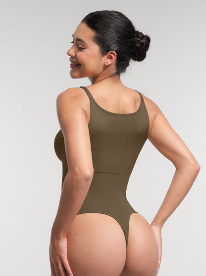 Seamless Bra Free Cami Tummy Control Thong Bodysuit with Removable Pads