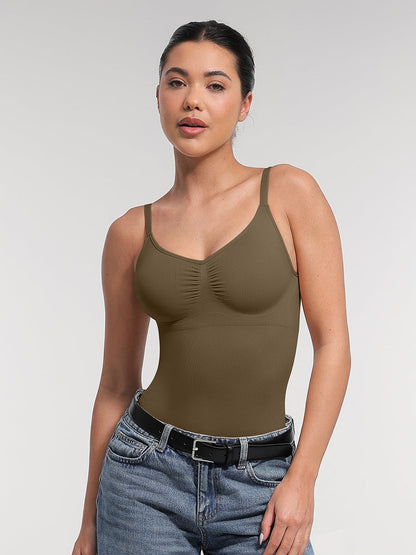 Seamless Bra Free Cami Tummy Control Thong Bodysuit with Removable Pads