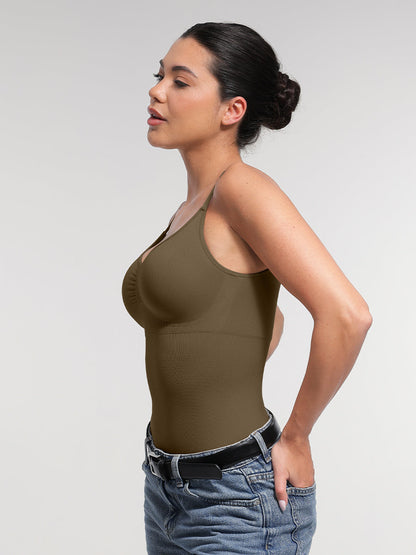 Seamless Bra Free Cami Tummy Control Thong Bodysuit with Removable Pads