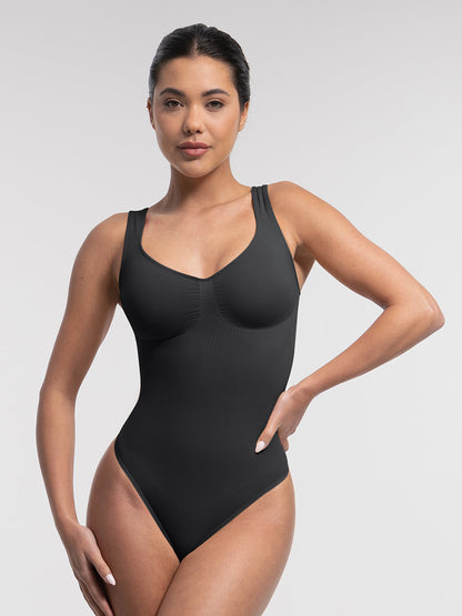 Seamless Bust Support Waist and Abdomen Control Thong Bodysuit