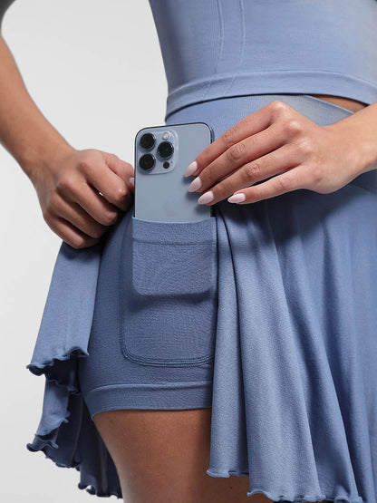 Mid-Waist A Line Skirt Flared Ruffle Hem Built in Shorts with Pockets