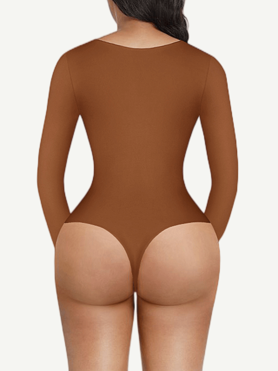 Wholesale V-Neck Long Sleeve Thong Waist Control Bodysuit
