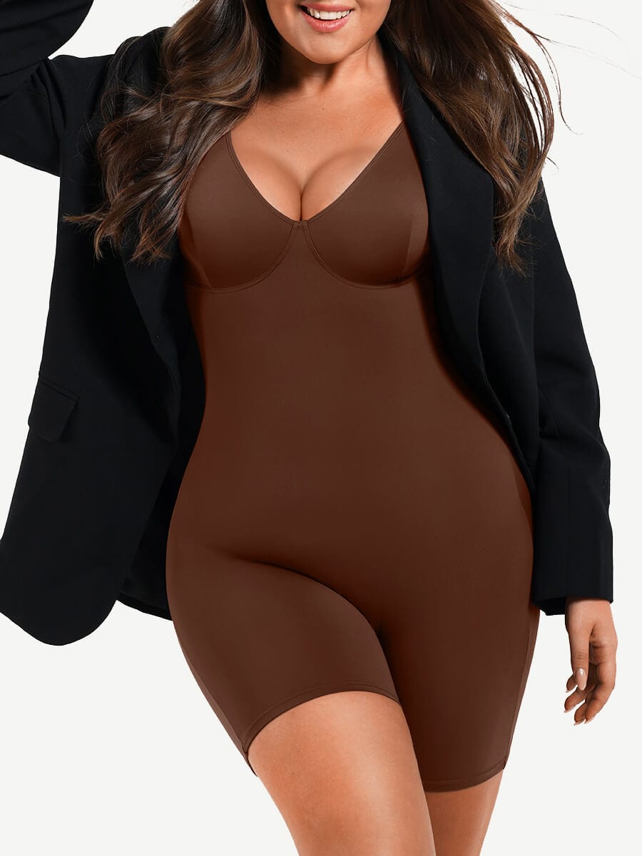 Wholesale Full Body Deep V-Neckline Mid-Thigh Tummy Control Bodysuit